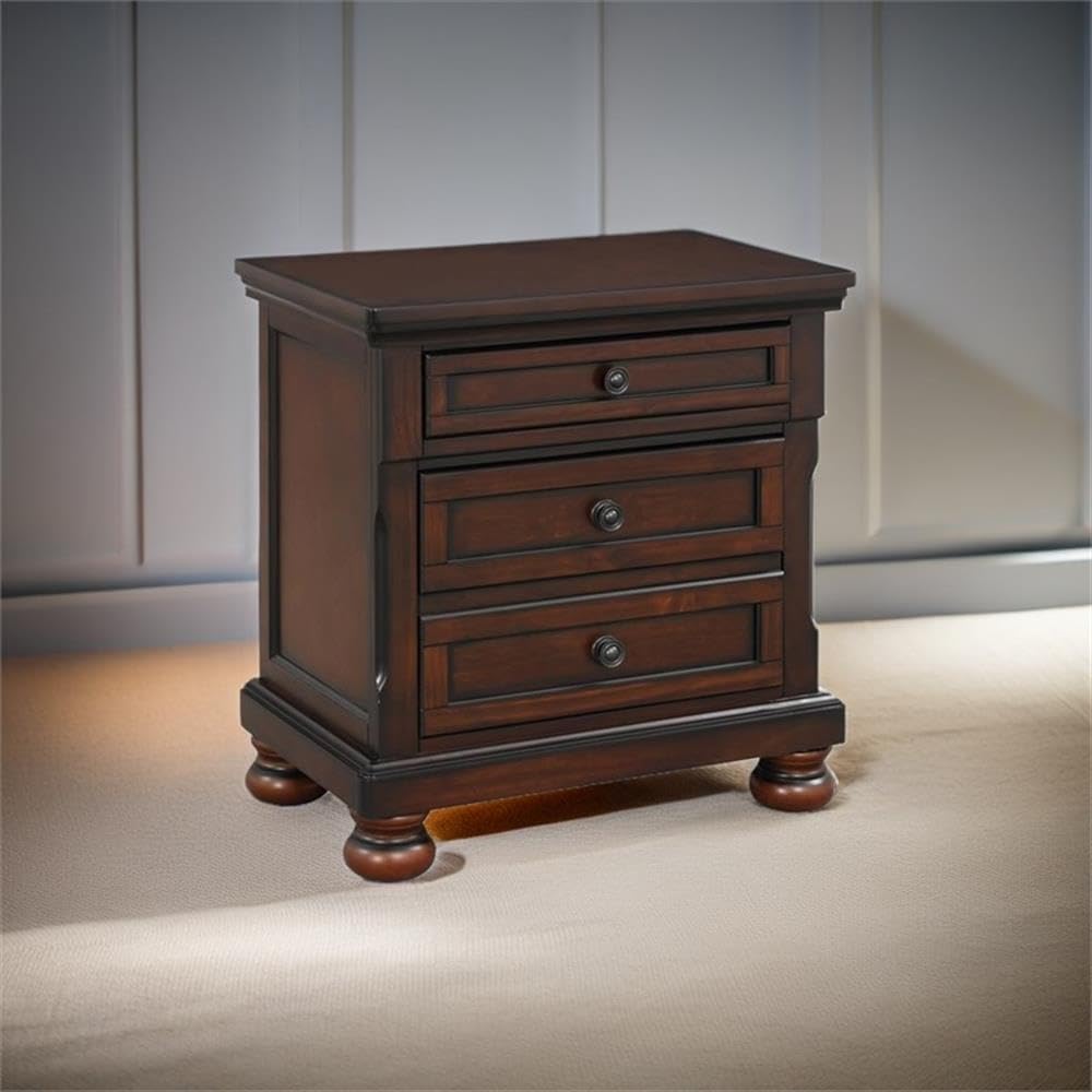 Brown Cherry 3 Drawer Wood Nightstand F867
