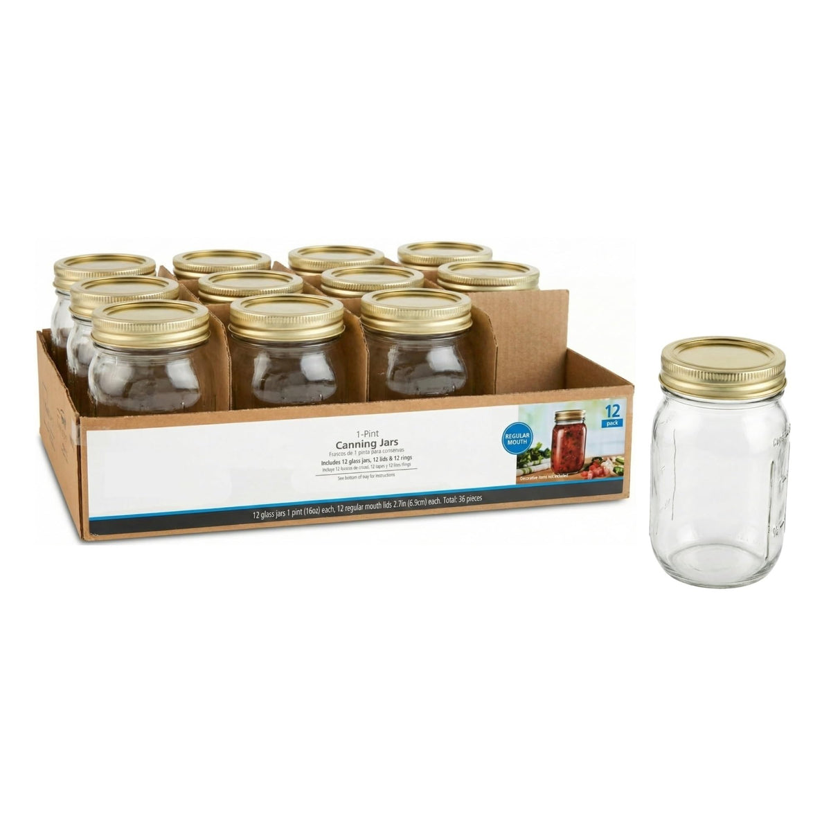 16 oz Regular Mouth Glass Canning Jars with Lids and Rings, 12-Pack M738741