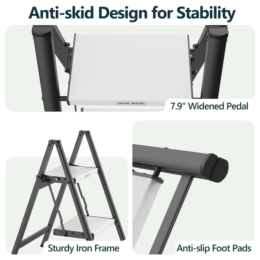 2 Step Ladder, Foldable Step Stool, 300lbs Load, Black & White K7992