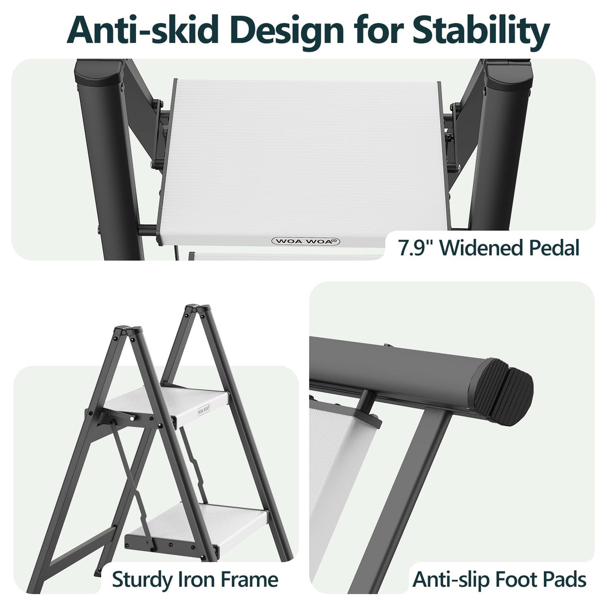 2 Step Ladder, Foldable Step Stool, 300lbs Load, Black & White K7992