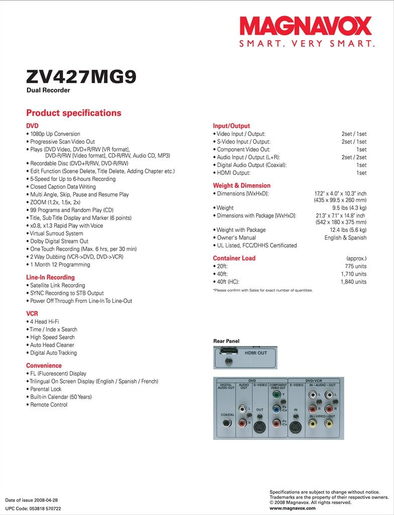 DVD Recorder/VCR Combo, HDMI 1080p Up-Conversion M630