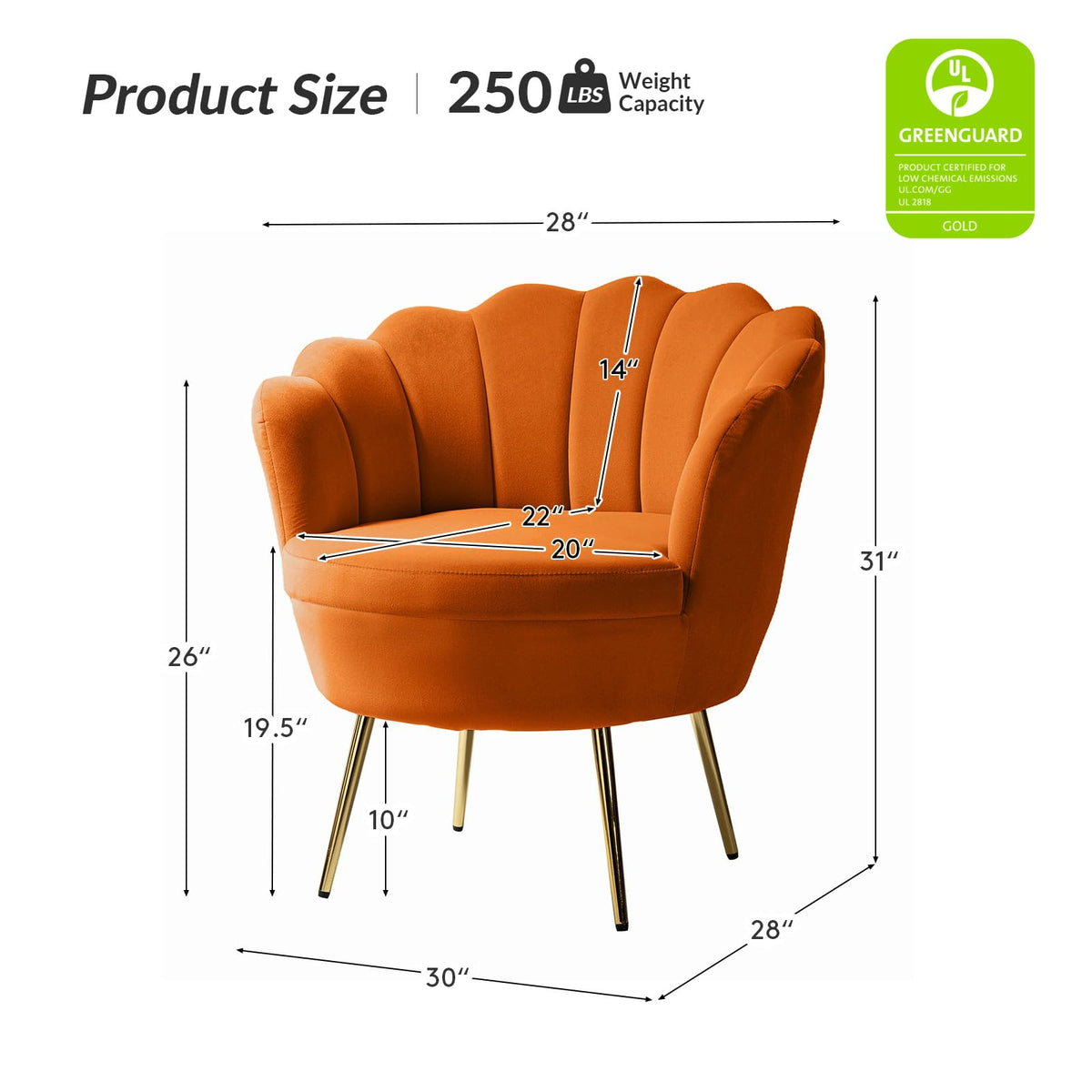 Orange Velvet Channel Tufted Accent Chair with Gold Legs H1165