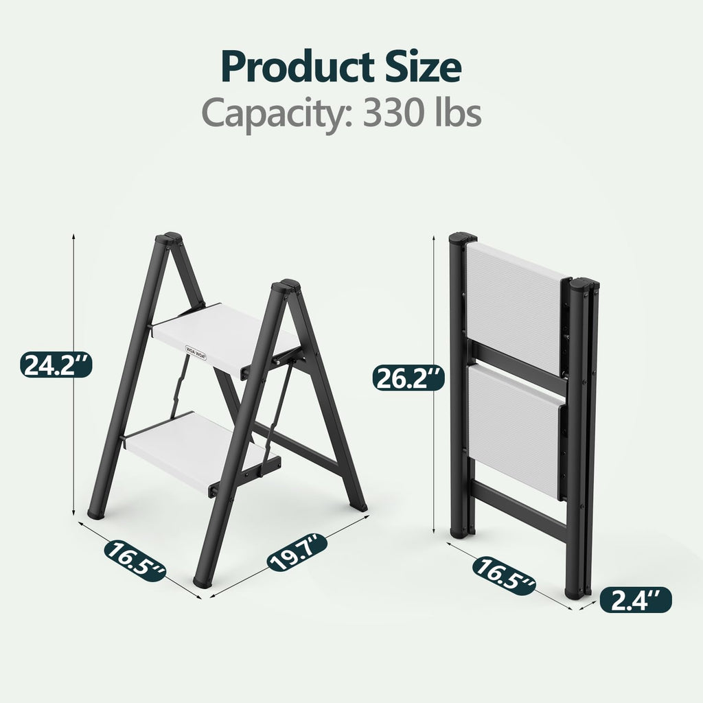 2 Step Ladder, Foldable Step Stool, 300lbs Load, Black & White K7992
