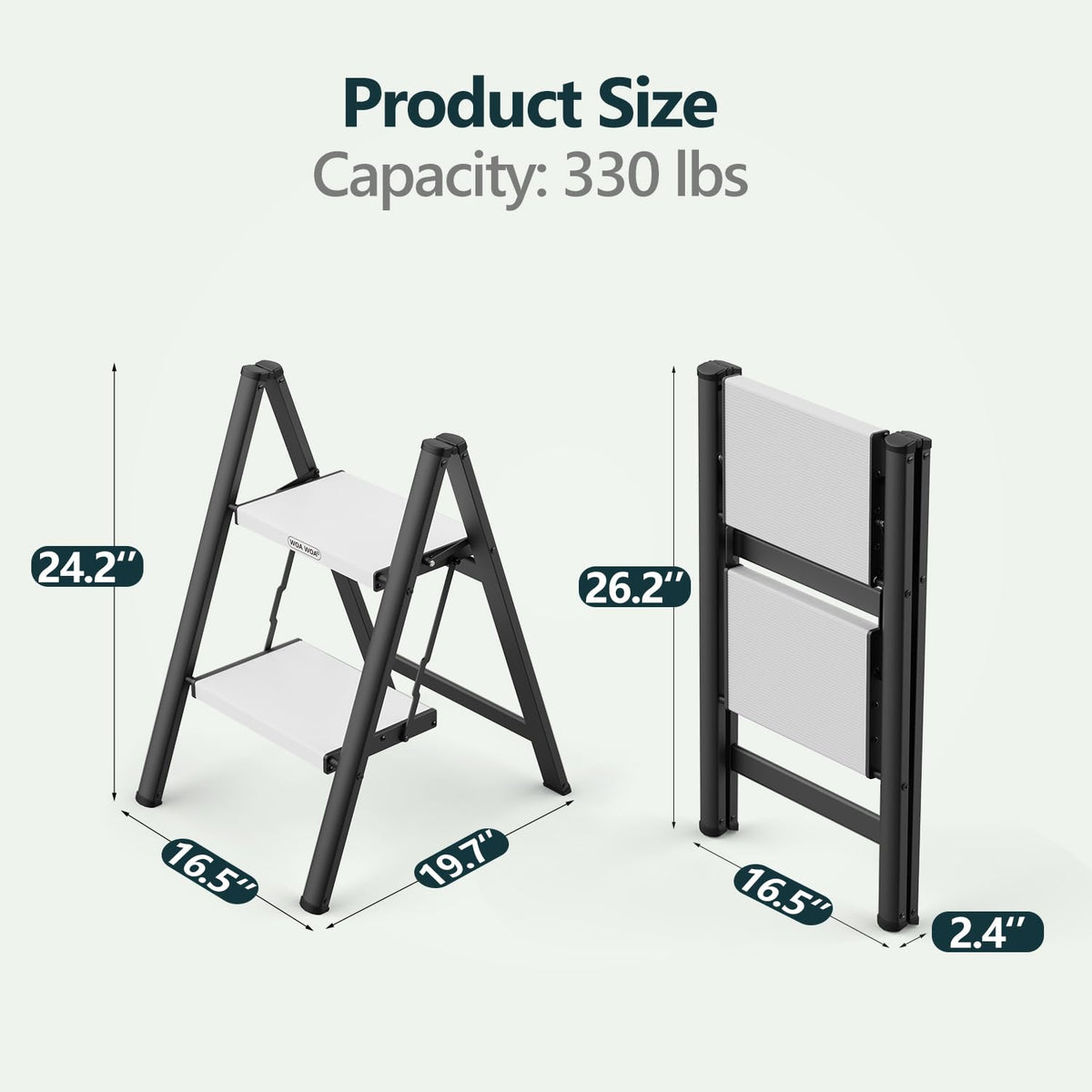 2 Step Ladder, Foldable Step Stool, 300lbs Load, Black & White K7992