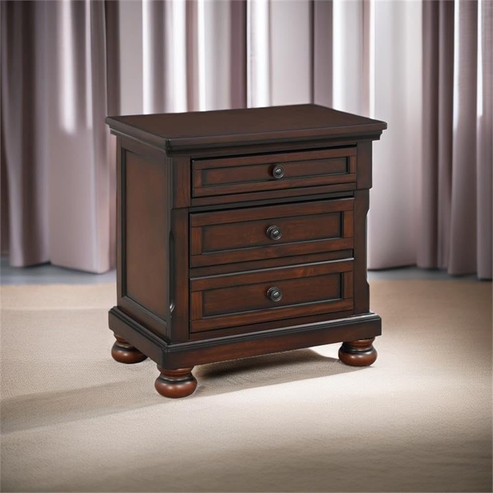 Brown Cherry 3 Drawer Wood Nightstand F867
