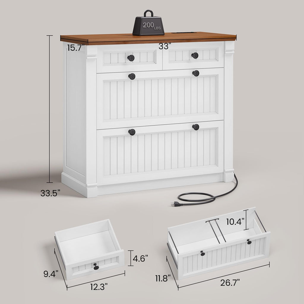 White Brown 4 Drawer Wood File Cabinet with Power Outlets Z193
