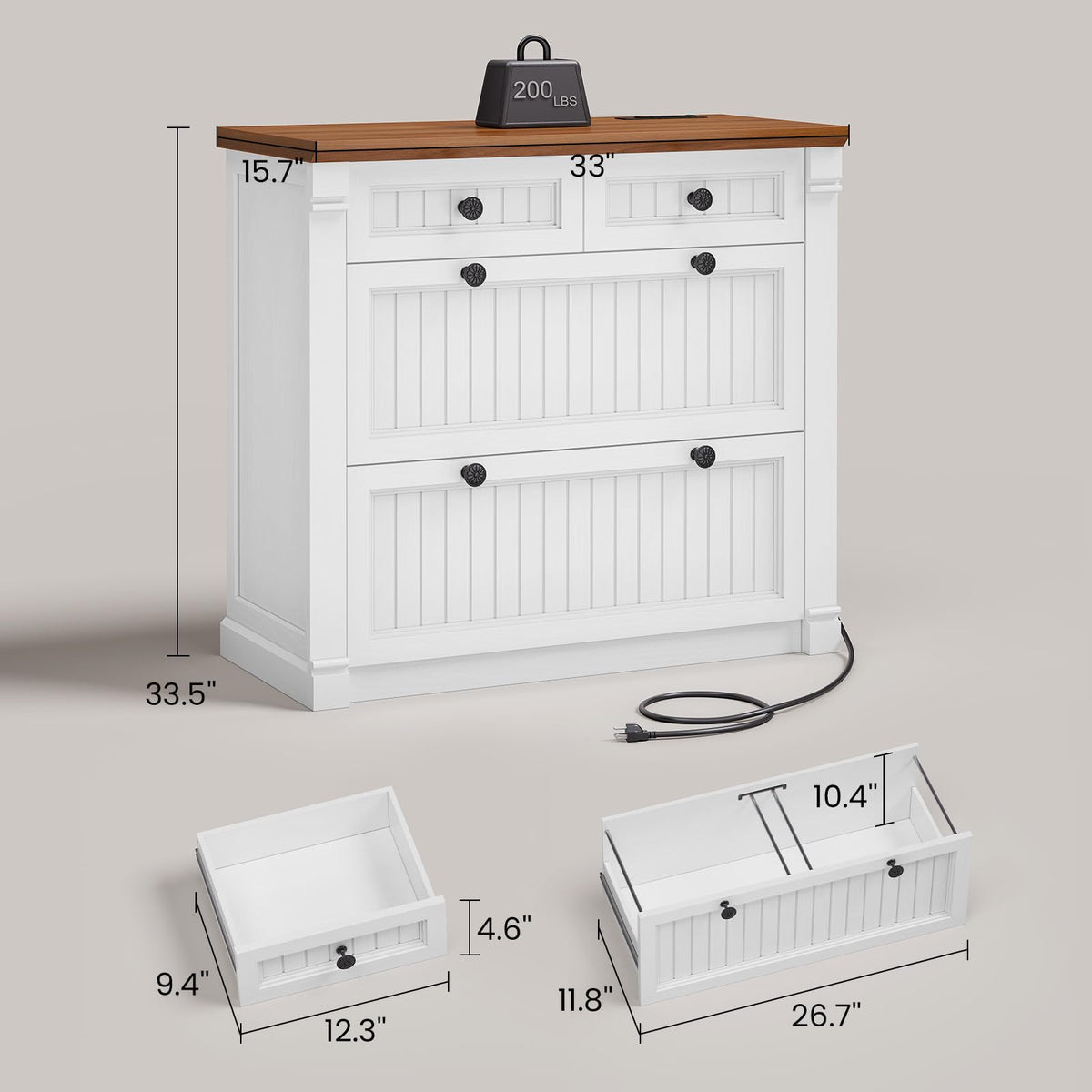 White Brown 4 Drawer Wood File Cabinet with Power Outlets Z193