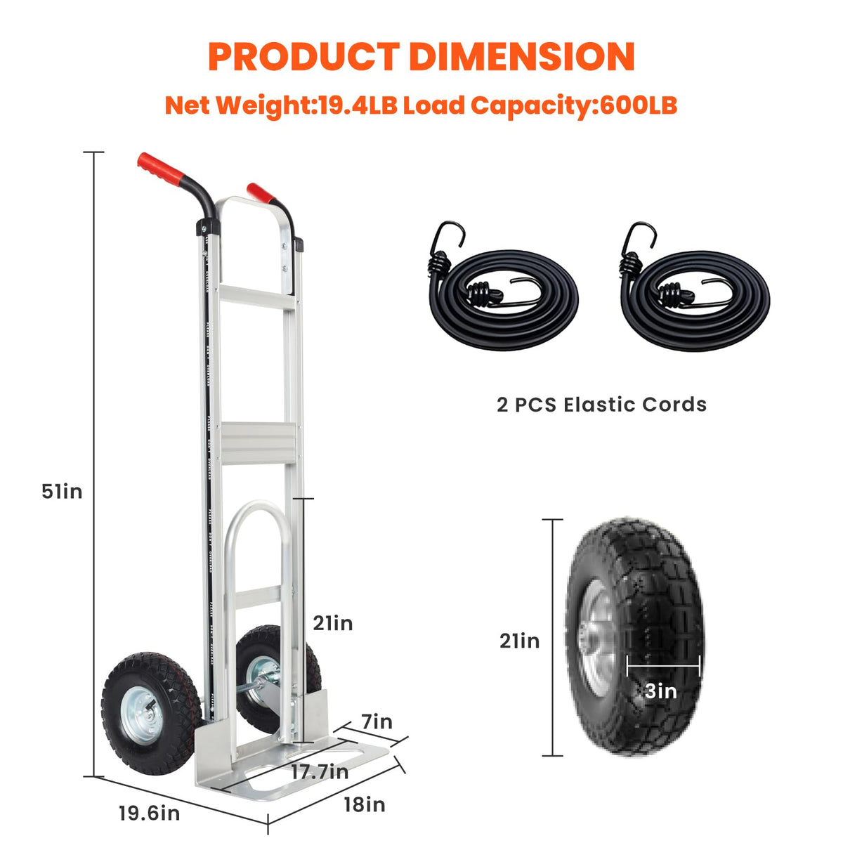 Aluminum Hand Truck Dolly Cart with 10" Pneumatic Tire, 600 LBS Capacity T182