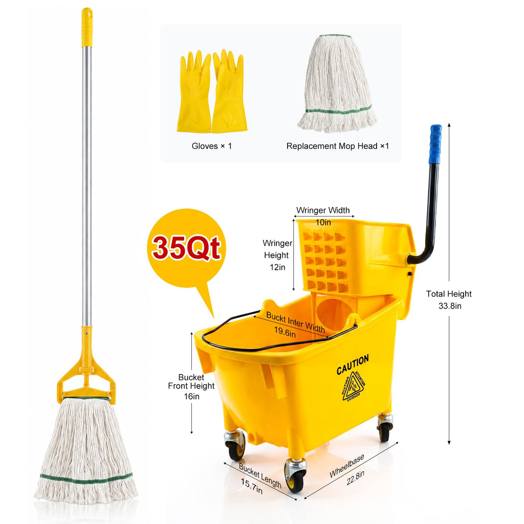 35 Quart Mop Bucket with Side Press Wringer on Wheels T6758