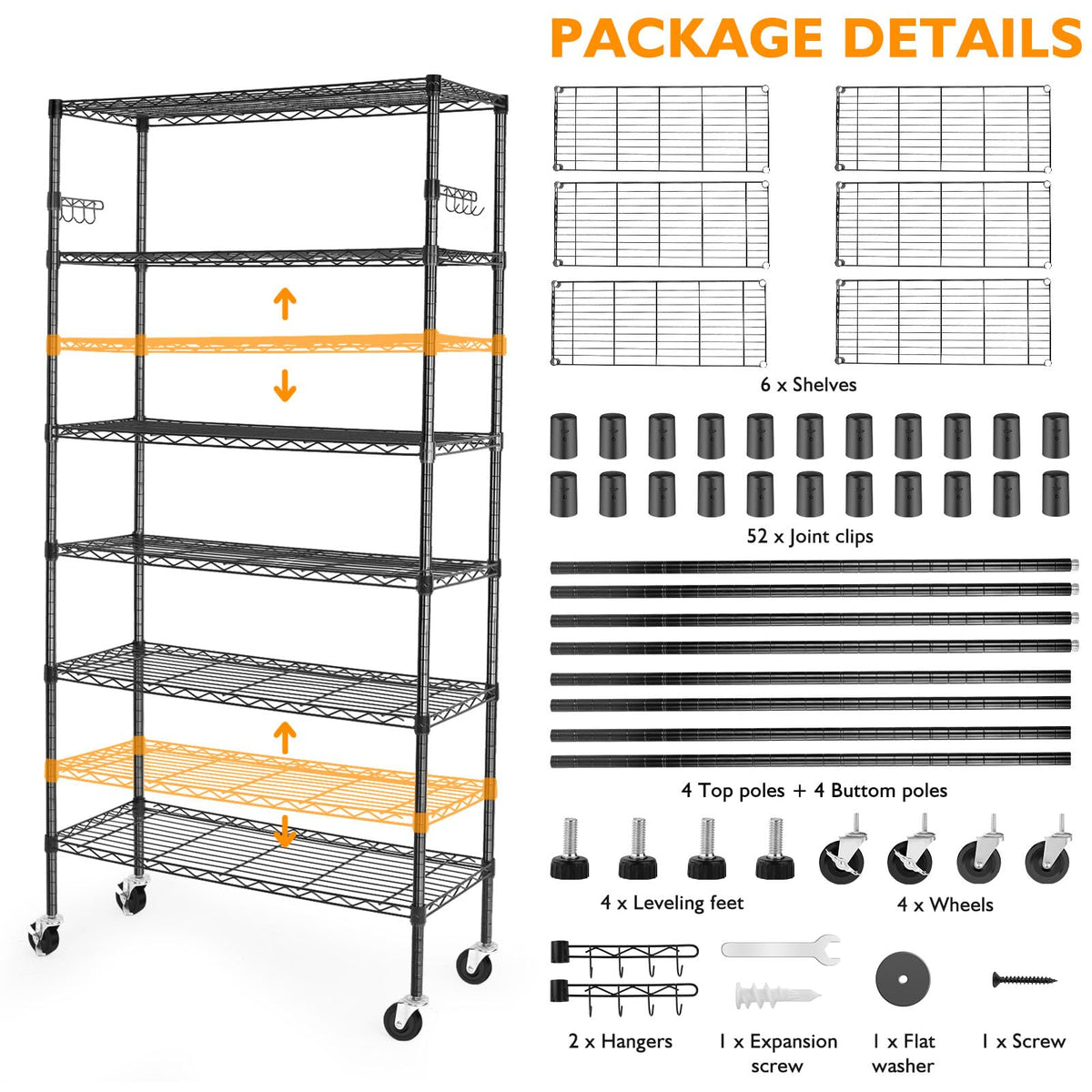 6 Tier Heavy Duty Adjustable Metal Wire Shelving Rack with Wheels, Black P408