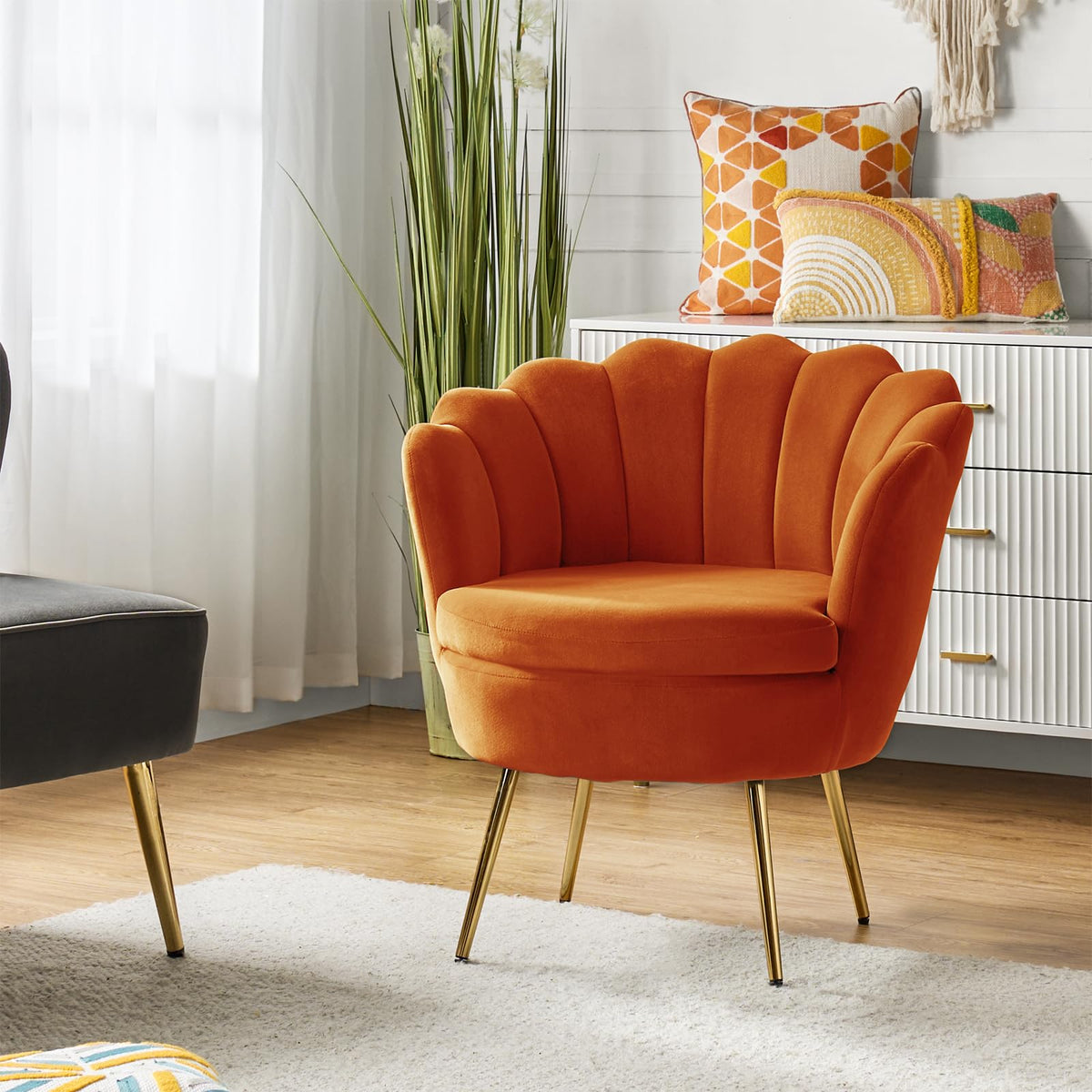Orange Velvet Channel Tufted Accent Chair with Gold Legs H1165