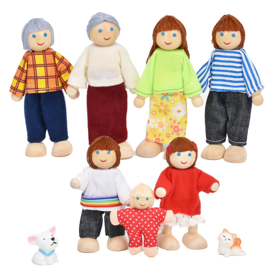 Wooden Dollhouse Dolls Family Set of 7 Miniature Figures and 2 Pets E232266