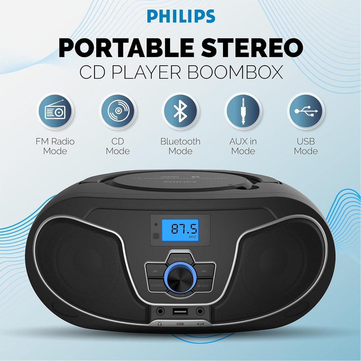 Portable CD Player Boombox with Bluetooth, FM Radio, USB Playback & AUX Input K5006