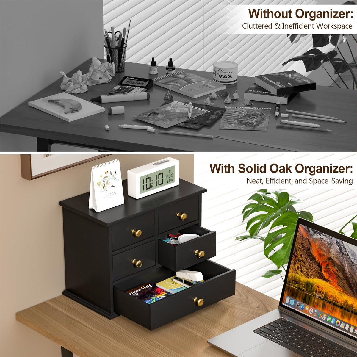 Oak Wooden Desk Organizer with Drawers O881