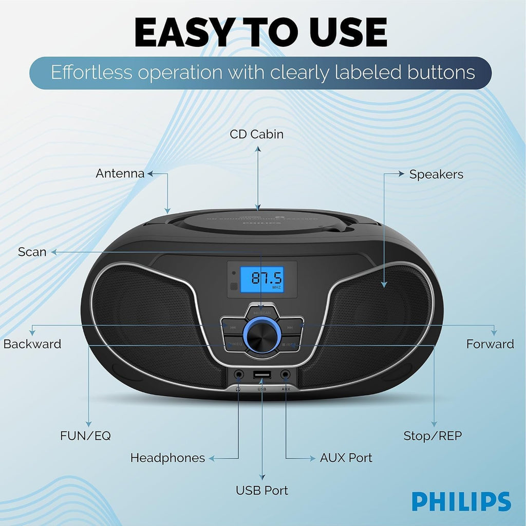 Portable CD Player Boombox with Bluetooth, FM Radio, USB Playback & AUX Input K5006