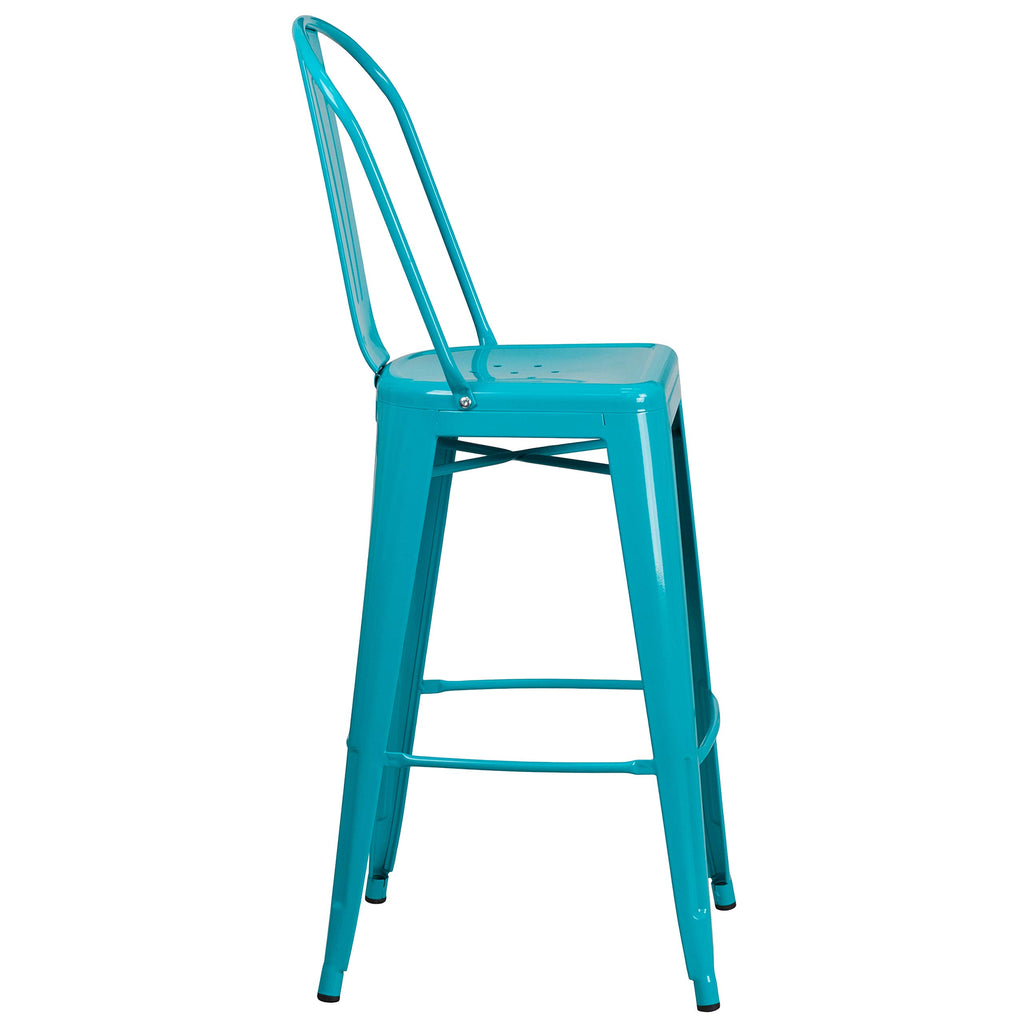 30" Teal-Blue Metal Barstool with Back, 4-Pack Y1880