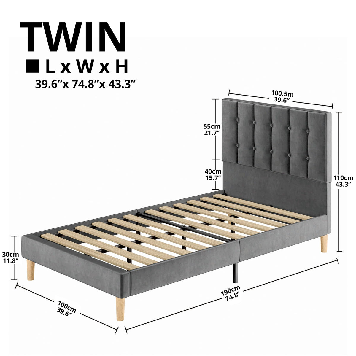 Grey Velvet Upholstered Twin Platform Bed Frame with Headboard S7727
