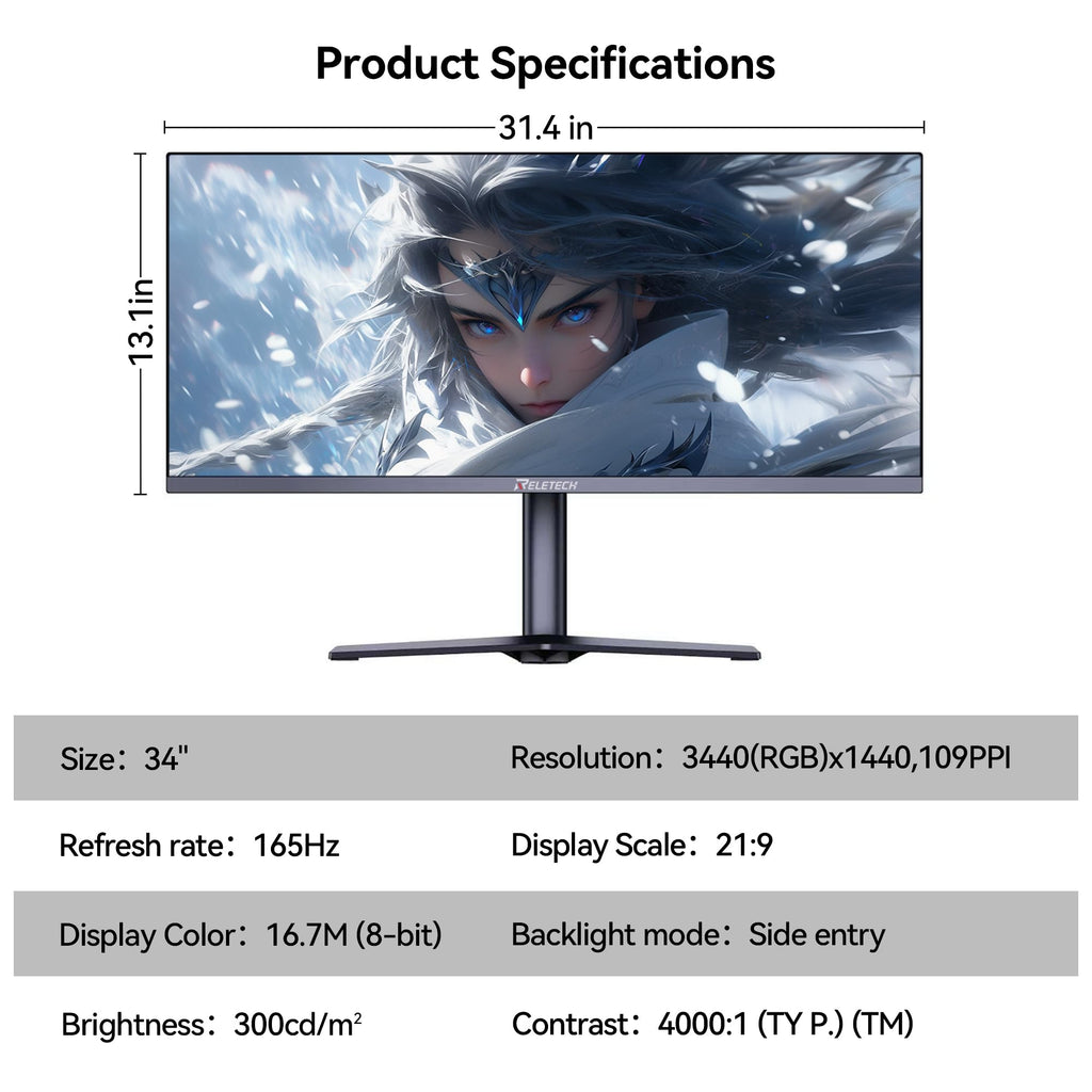 34 Inch Curved Ultrawide Gaming Monitor 21:9 WQHD 165Hz D57723