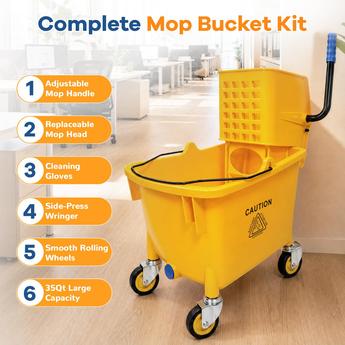 35 Quart Mop Bucket with Side Press Wringer on Wheels T6758