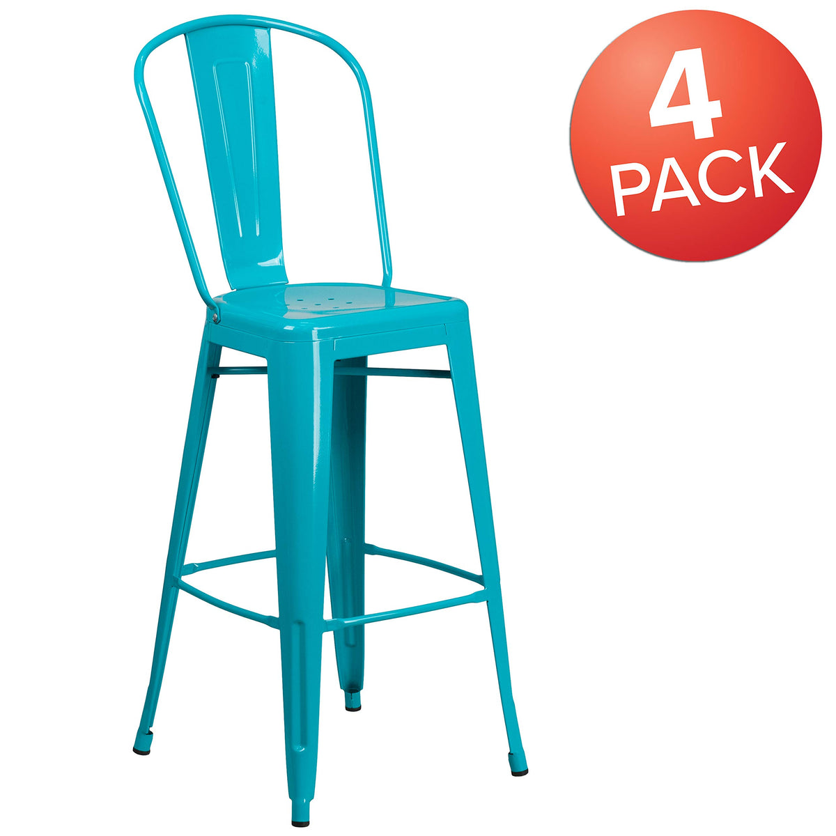 30" Teal-Blue Metal Barstool with Back, 4-Pack Y1880