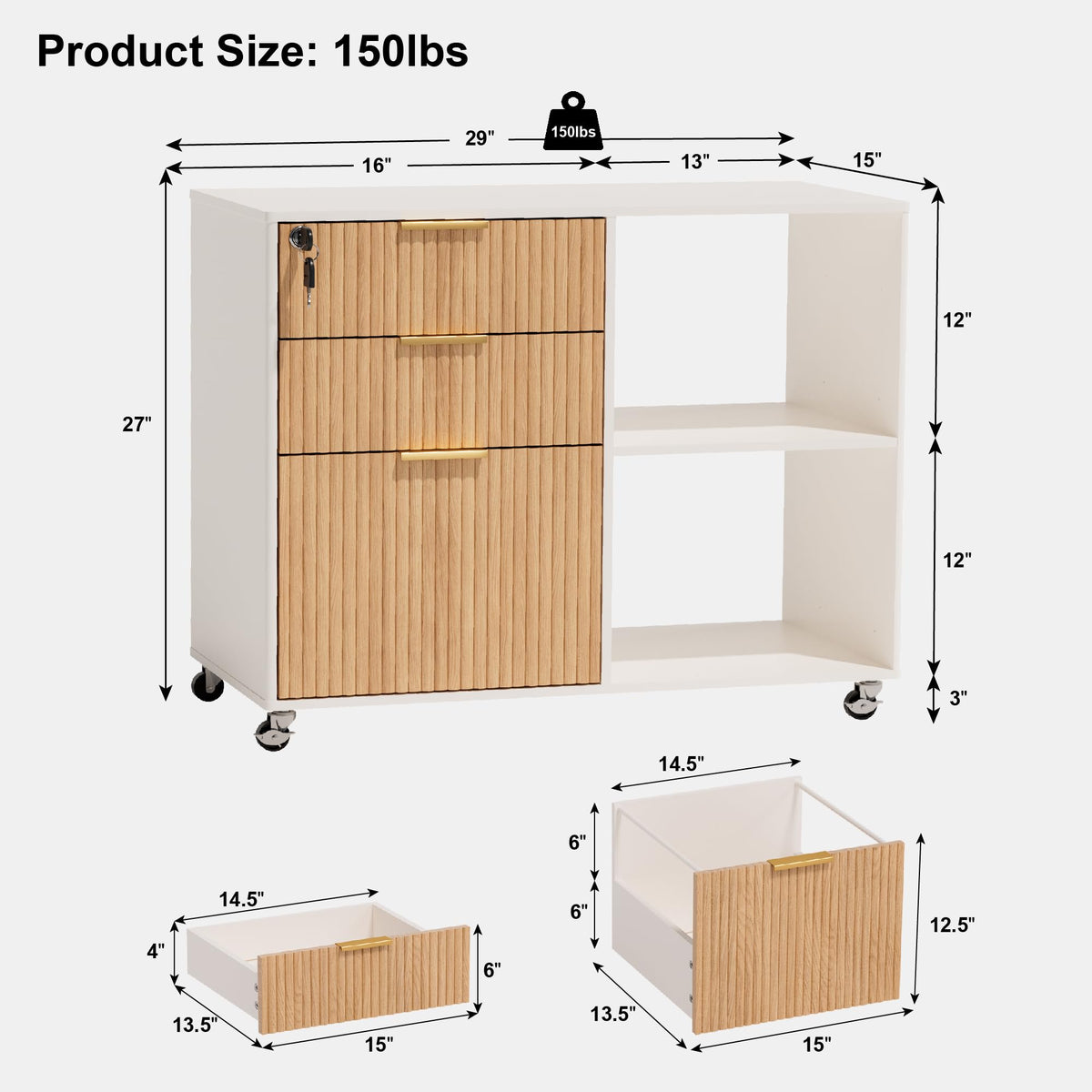 3 Drawer Fluted Mobile Filing Cabinet with Lock R154933