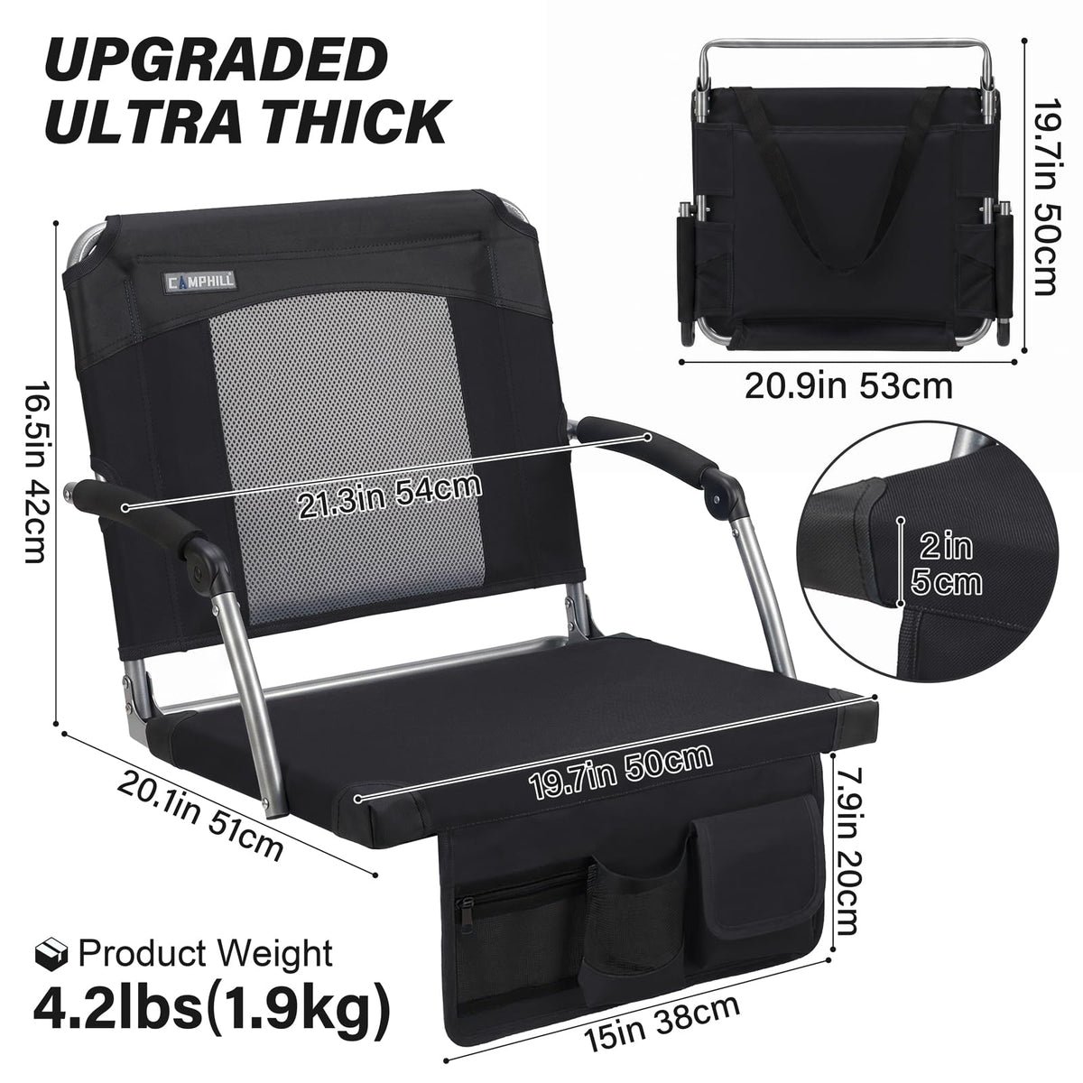 2 Pack Black Stadium Seats with Back Support & Armrests J7606