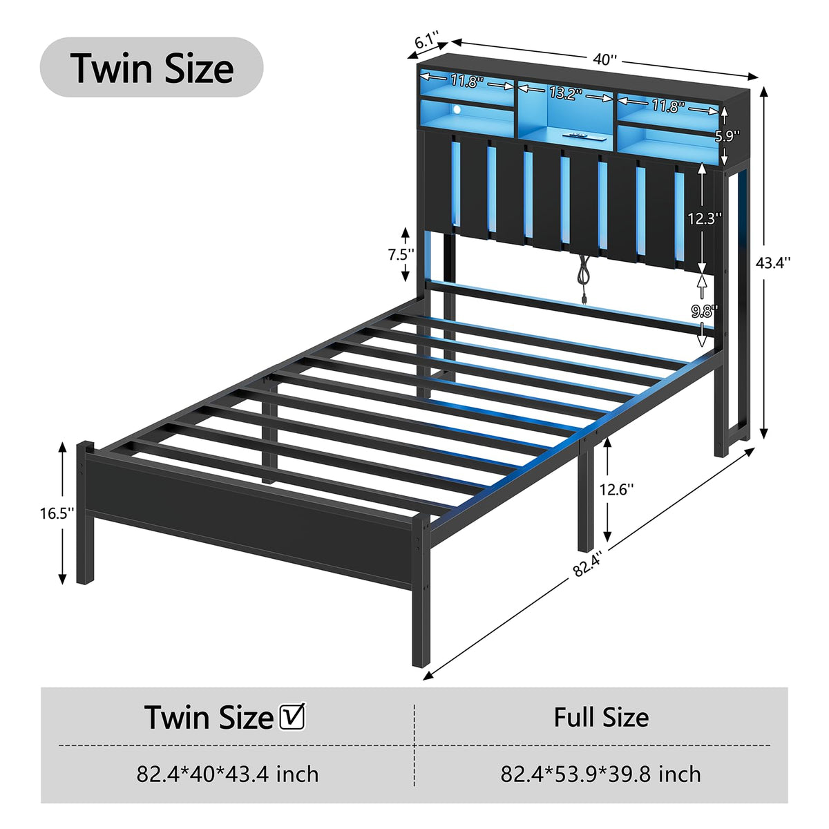 Twin Size Bed Frame with Storage Headboard and LED Lights B5905