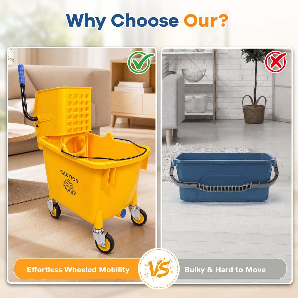35 Quart Mop Bucket with Side Press Wringer on Wheels T6758