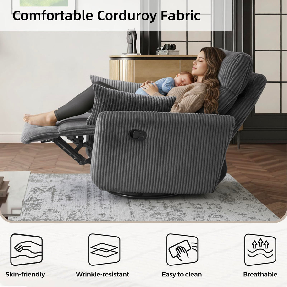 Gray Corduroy Swivel Recliner Chair L743