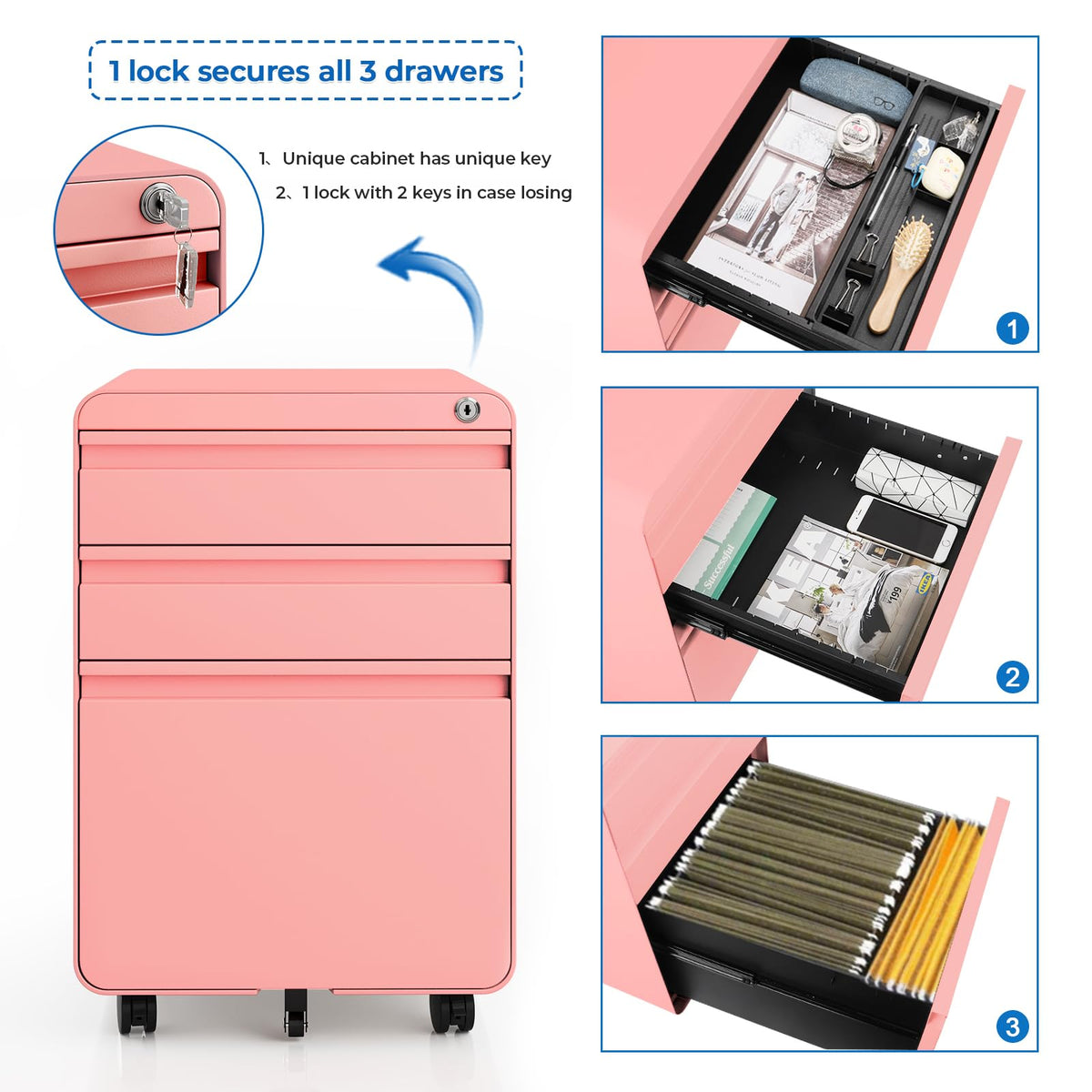 3 Drawer Metal Rolling File Cabinet O41366