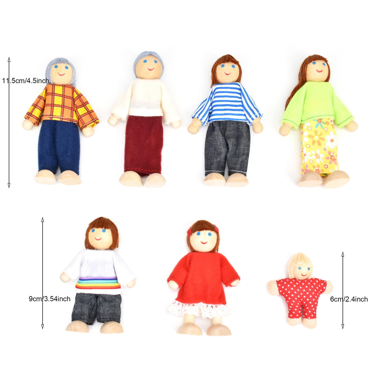 Wooden Dollhouse Dolls Family Set of 7 Miniature Figures and 2 Pets E232266