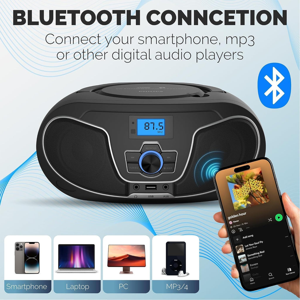 Portable CD Player Boombox with Bluetooth, FM Radio, USB Playback & AUX Input K5006