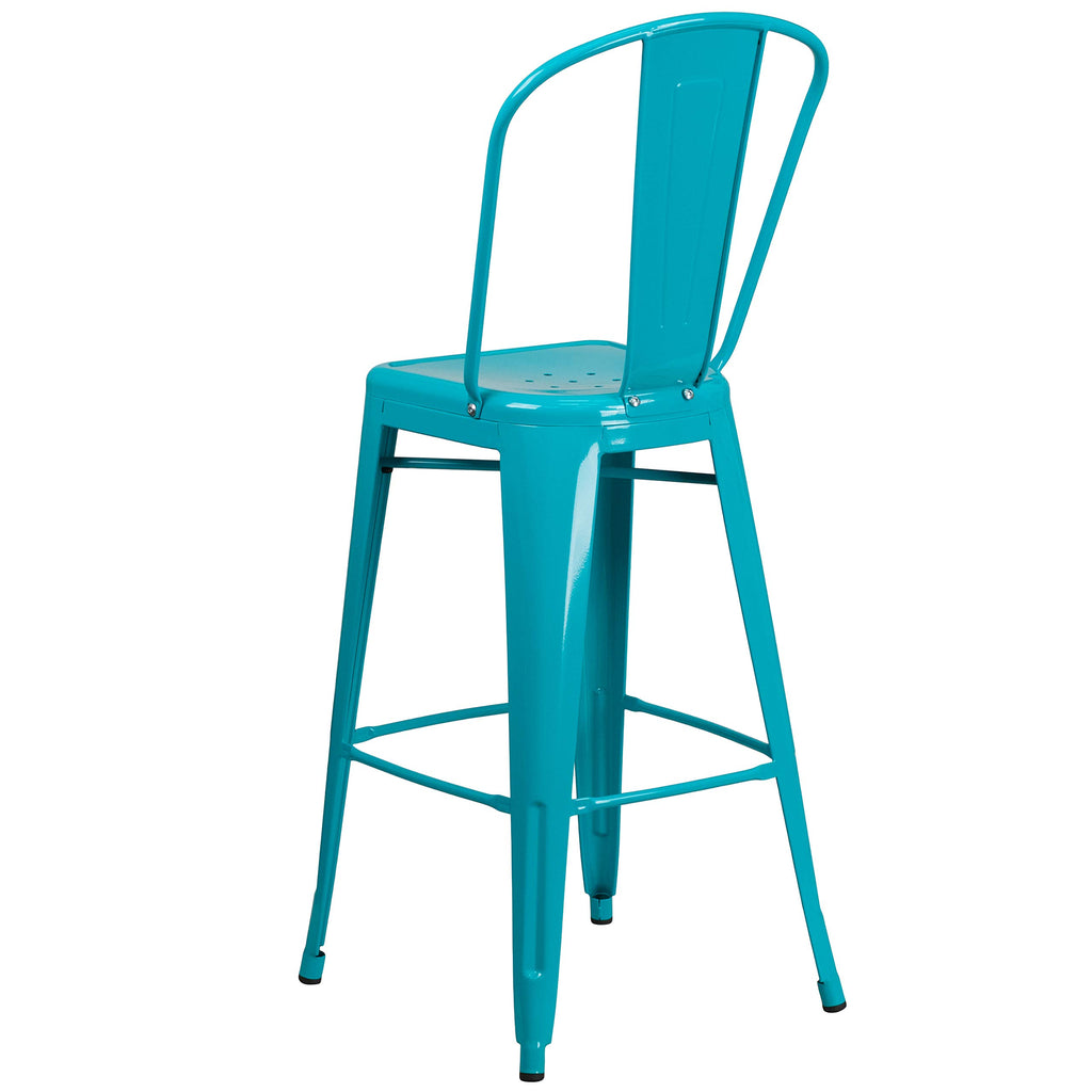 30" Teal-Blue Metal Barstool with Back, 4-Pack Y1880