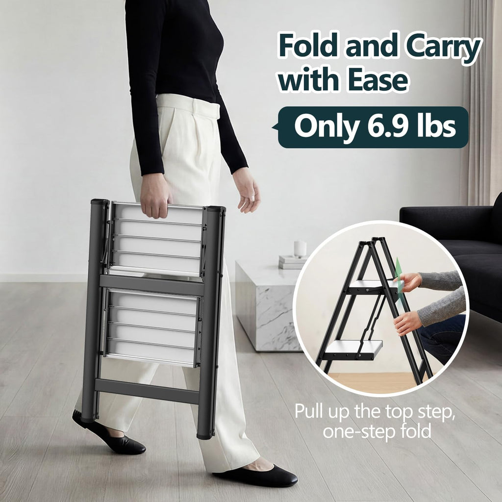 2 Step Ladder, Foldable Step Stool, 300lbs Load, Black & White K7992