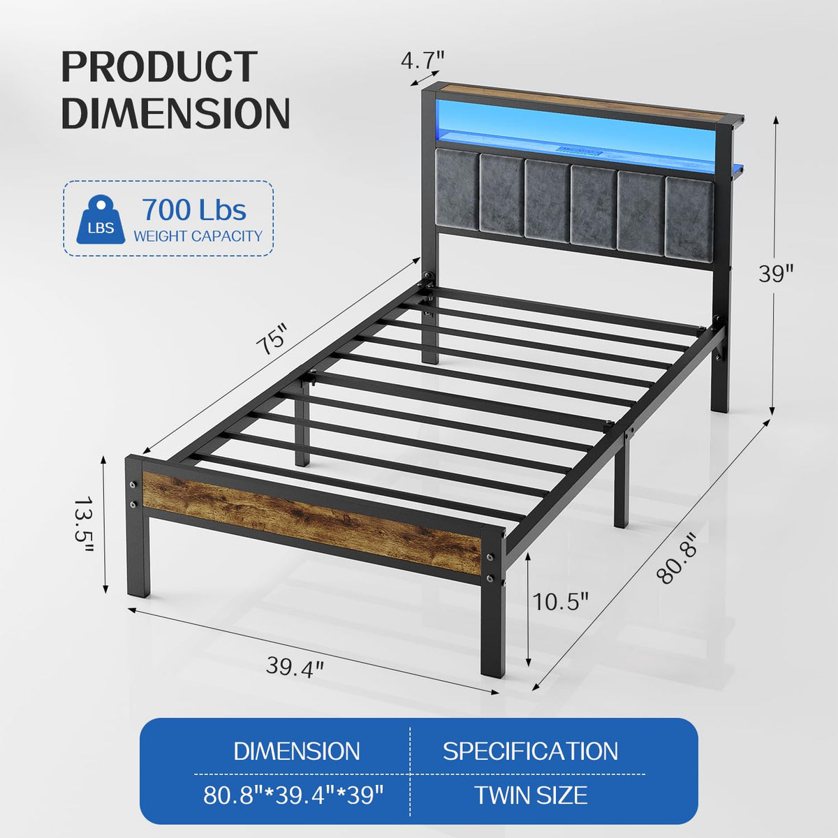 Twin Size Grey Upholstered Bed Frame I439