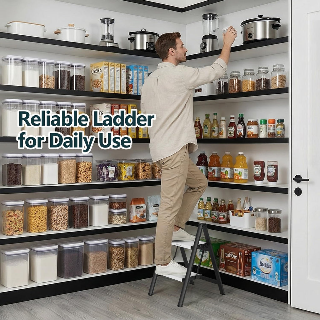 2 Step Ladder, Foldable Step Stool, 300lbs Load, Black & White K7992