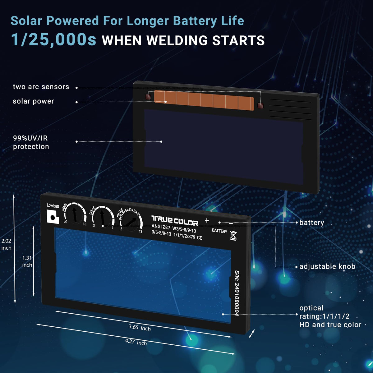 Adjustable Auto Darkening Welding Lens 2x4 1/4 P722