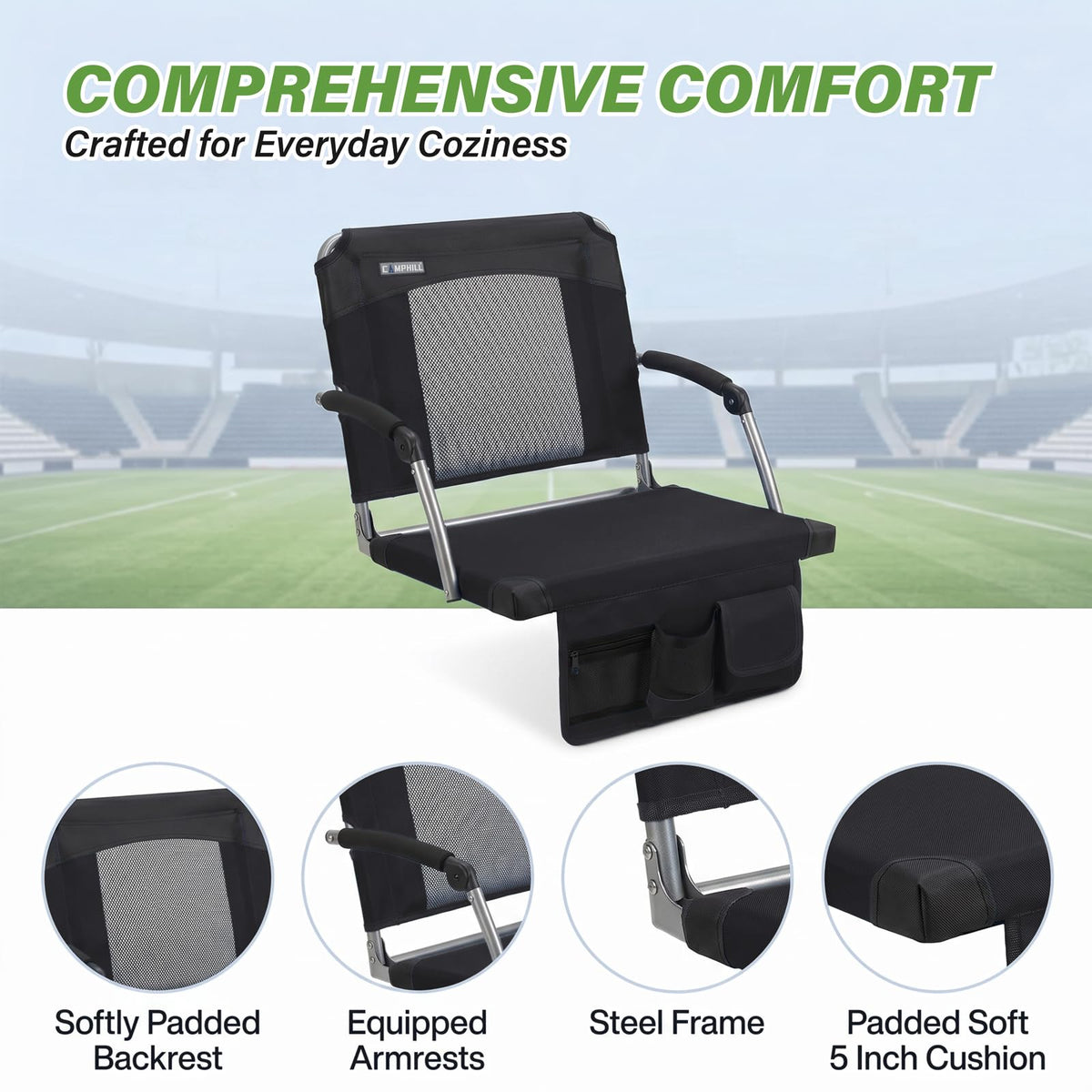 2 Pack Black Stadium Seats with Back Support & Armrests J7606