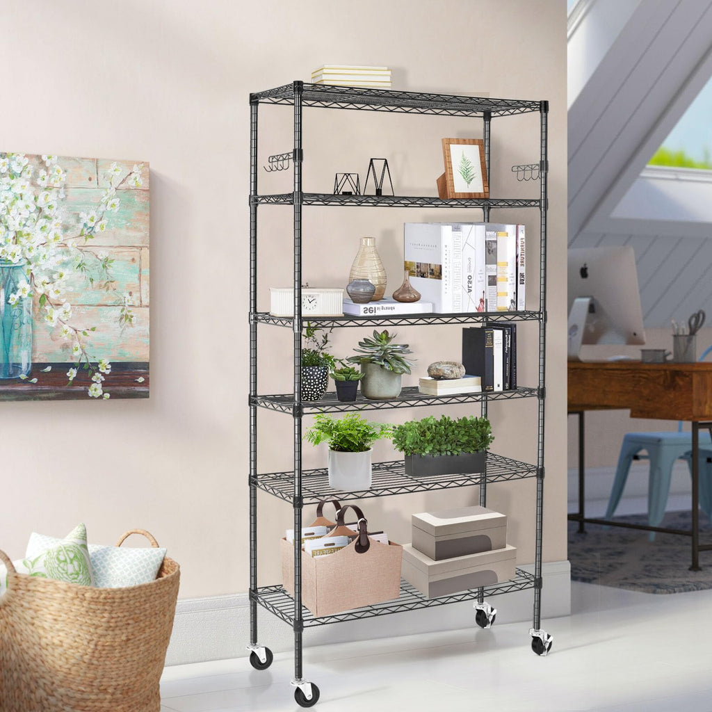 6 Tier Heavy Duty Adjustable Metal Wire Shelving Rack with Wheels, Black P408