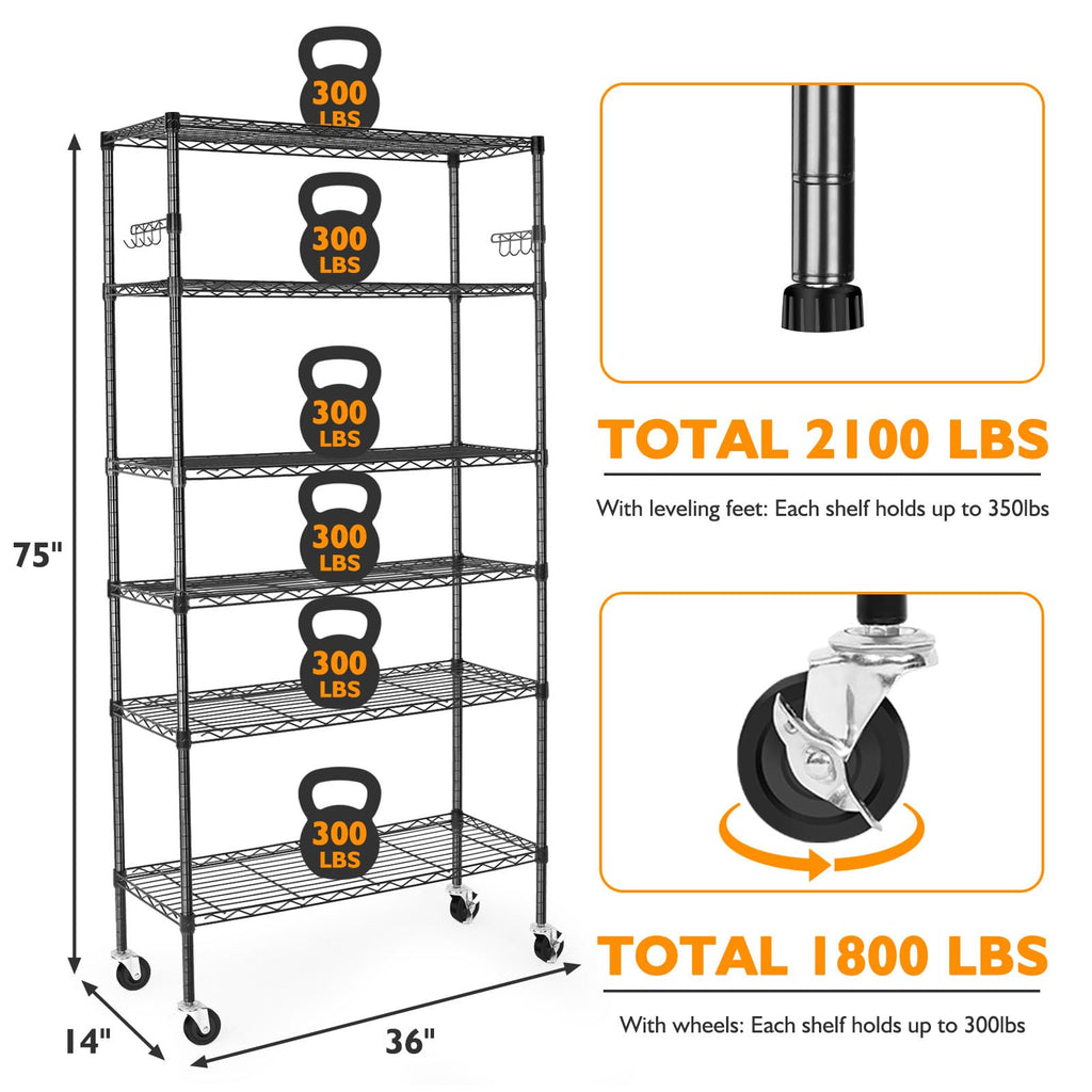 6 Tier Heavy Duty Adjustable Metal Wire Shelving Rack with Wheels, Black P408