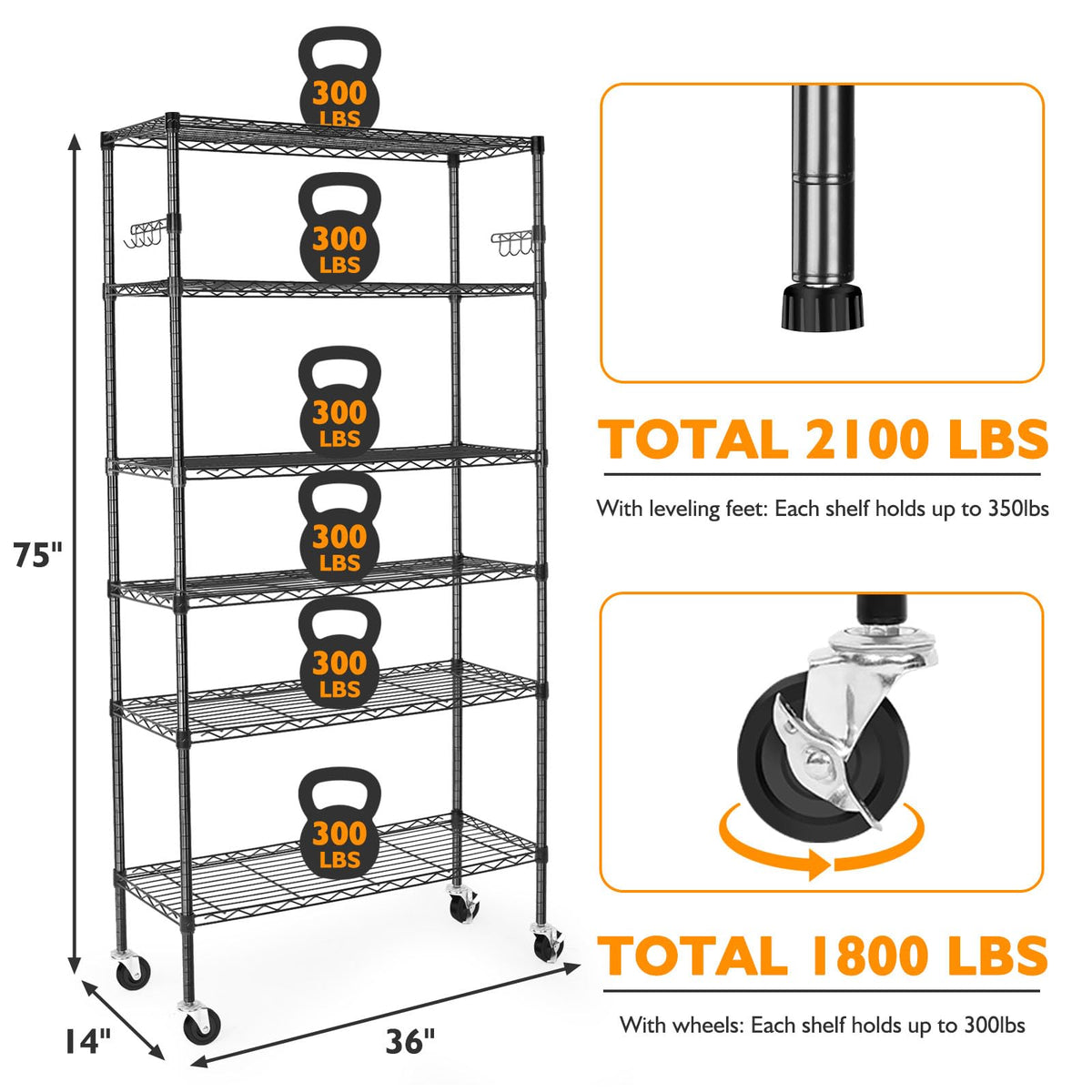 6 Tier Heavy Duty Adjustable Metal Wire Shelving Rack with Wheels, Black P408