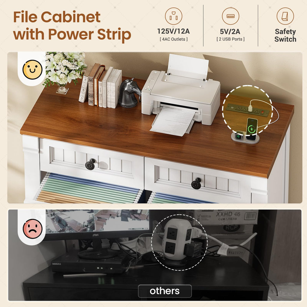 White Brown 4 Drawer Wood File Cabinet with Power Outlets Z193