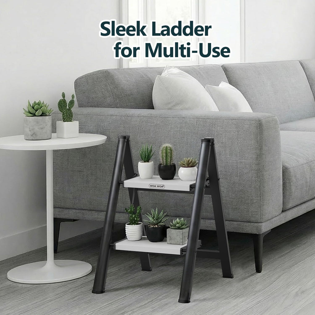 2 Step Ladder, Foldable Step Stool, 300lbs Load, Black & White K7992