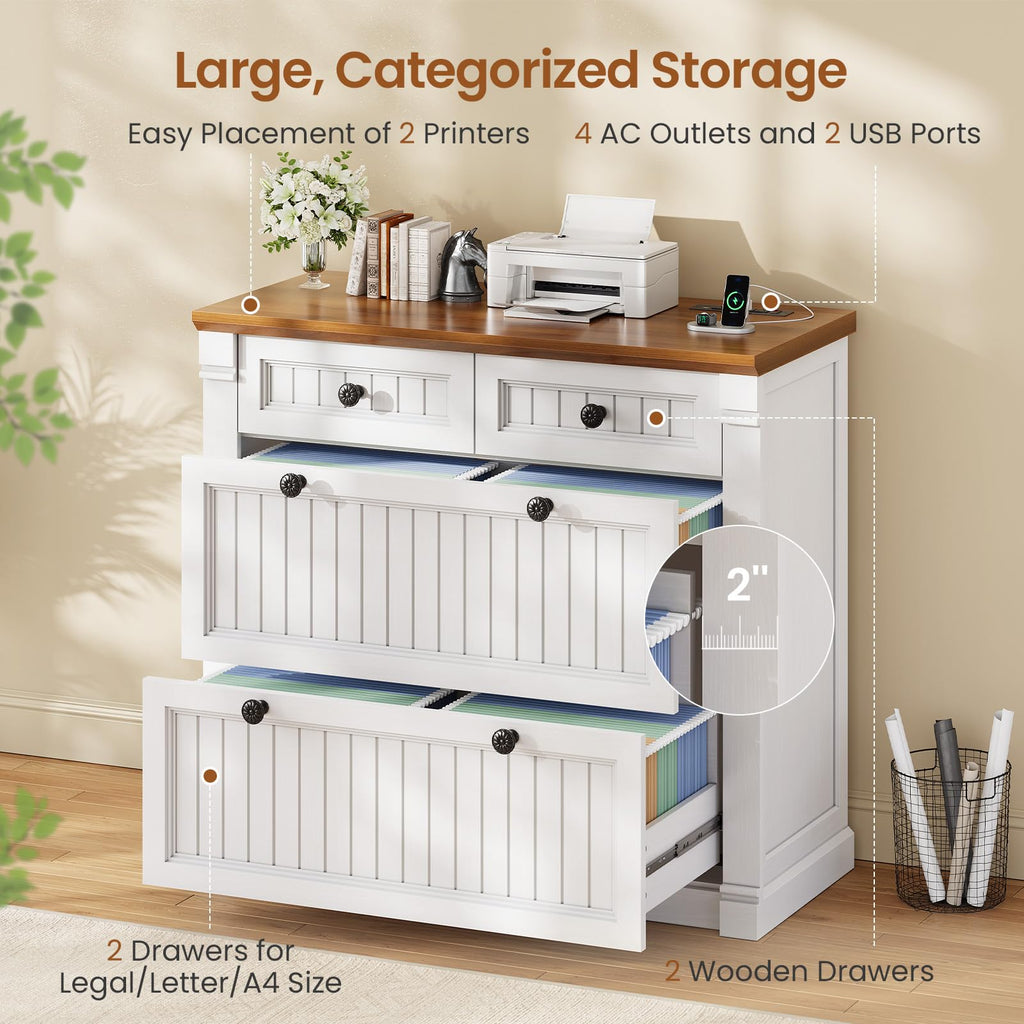 White Brown 4 Drawer Wood File Cabinet with Power Outlets Z193