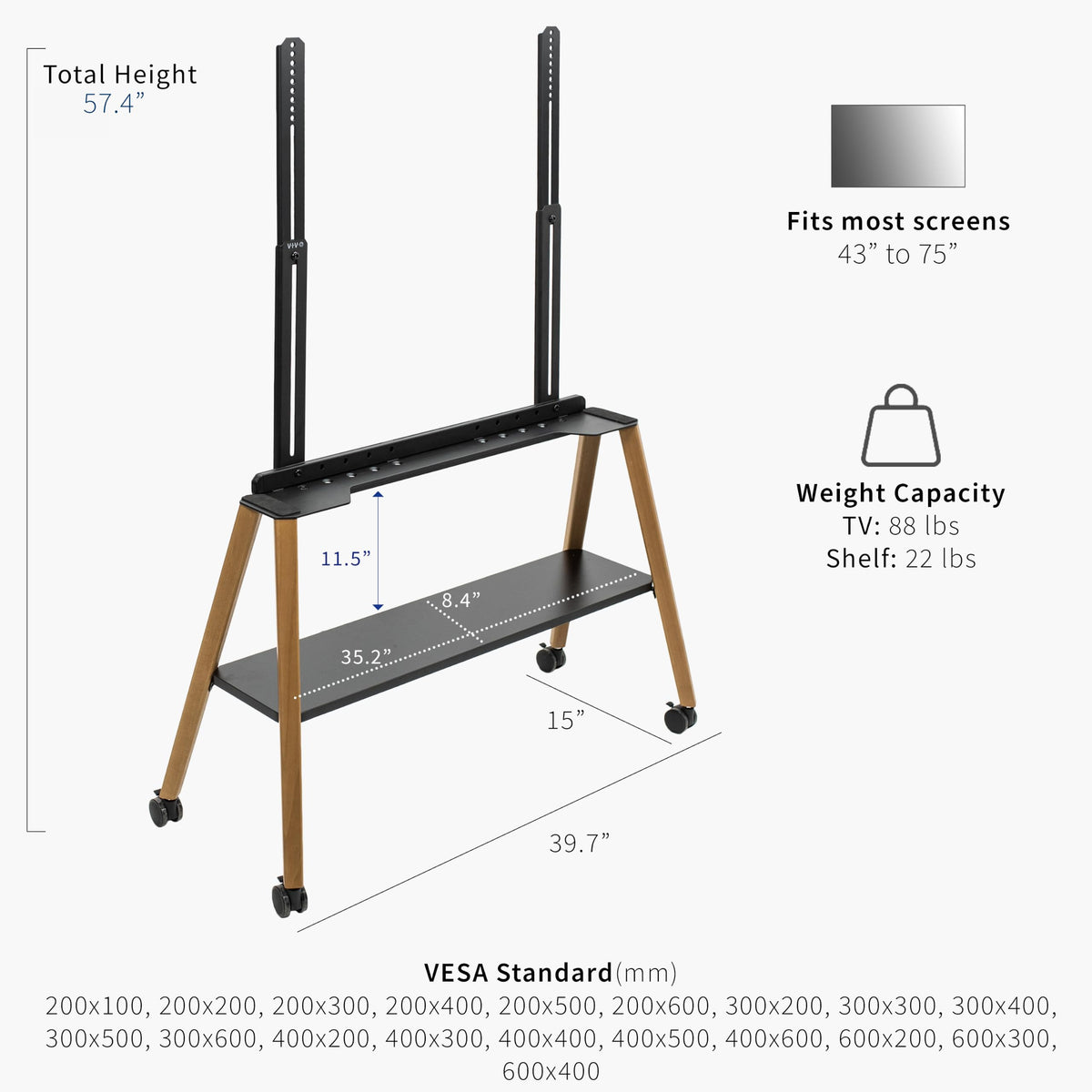 43 to 75 inch Adjustable Mobile TV Stand with Walnut Legs Z38086