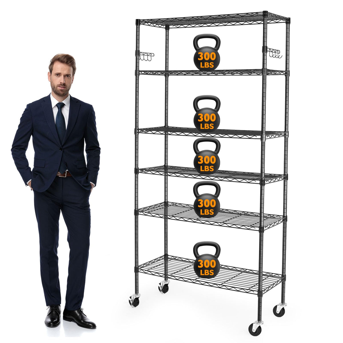 6 Tier Heavy Duty Adjustable Metal Wire Shelving Rack with Wheels, Black P408