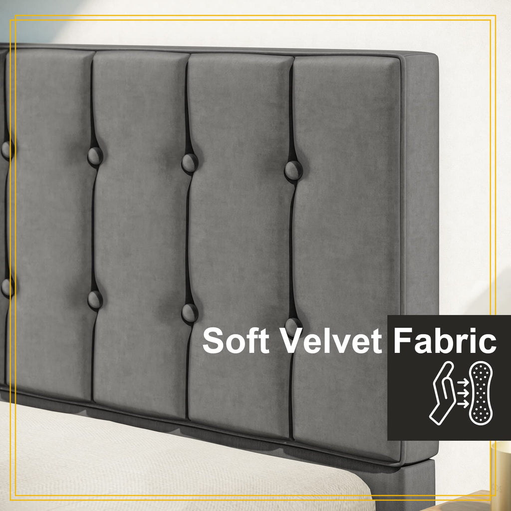 Grey Velvet Upholstered Twin Platform Bed Frame with Headboard S7727
