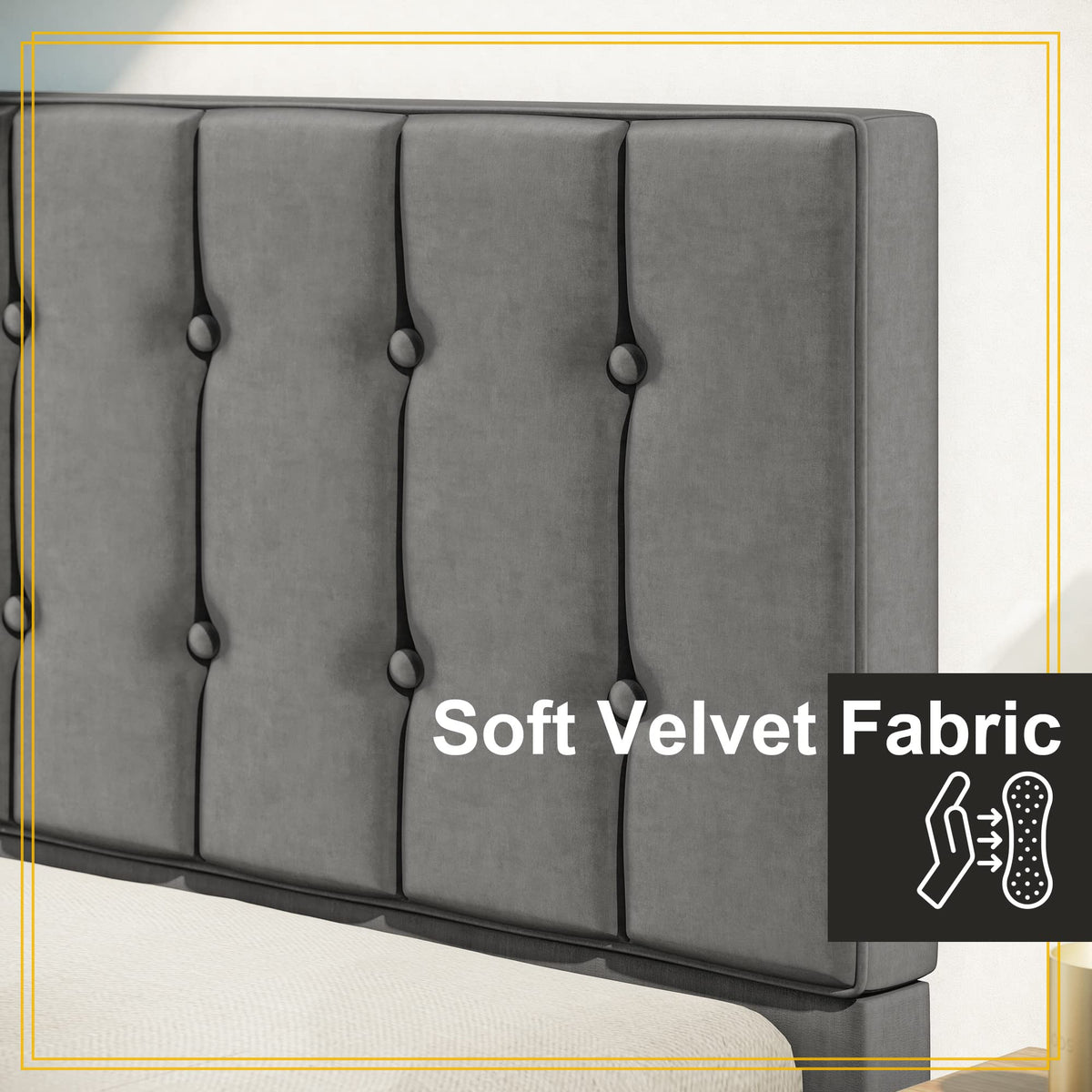 Grey Velvet Upholstered Twin Platform Bed Frame with Headboard S7727