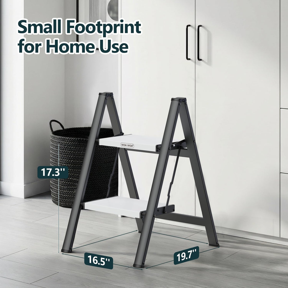 2 Step Ladder, Foldable Step Stool, 300lbs Load, Black & White K7992