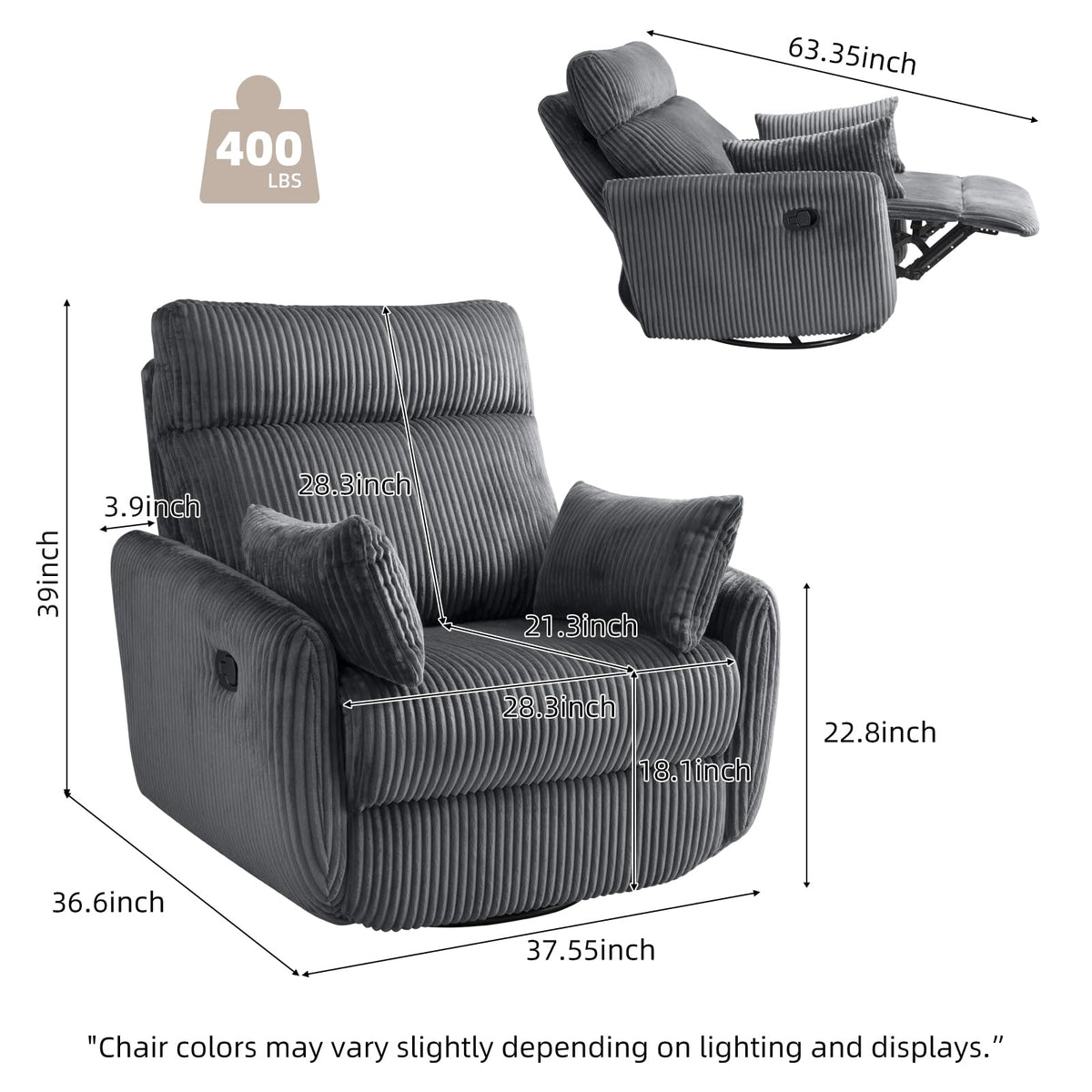 Gray Corduroy Swivel Recliner Chair L743